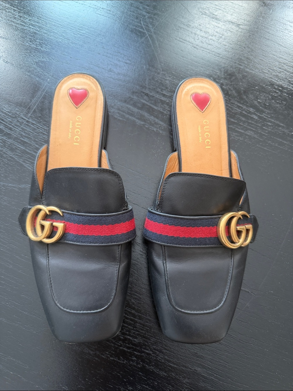 Gucci Black Leather Mules with Red and Blue Web Stripe and Gold GG
